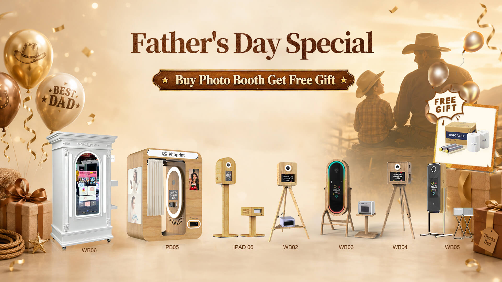 Phoprint vintage photobooth with wood finish and retro backdrop – Father’s Day special offer