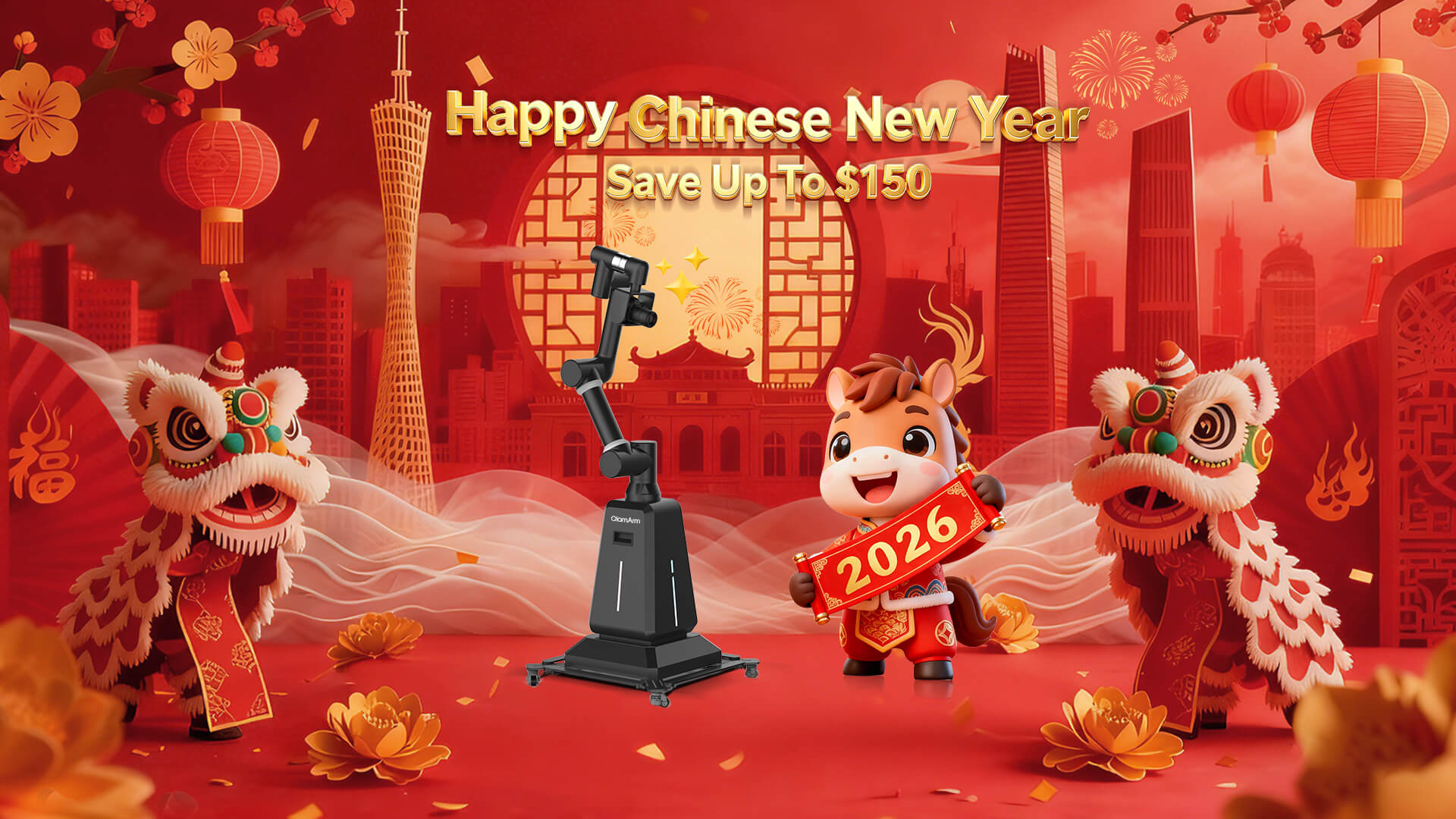A glamorous slow-motion video booth (GlamBot) decorated with red and gold for Lunar New Year at a luxury event.