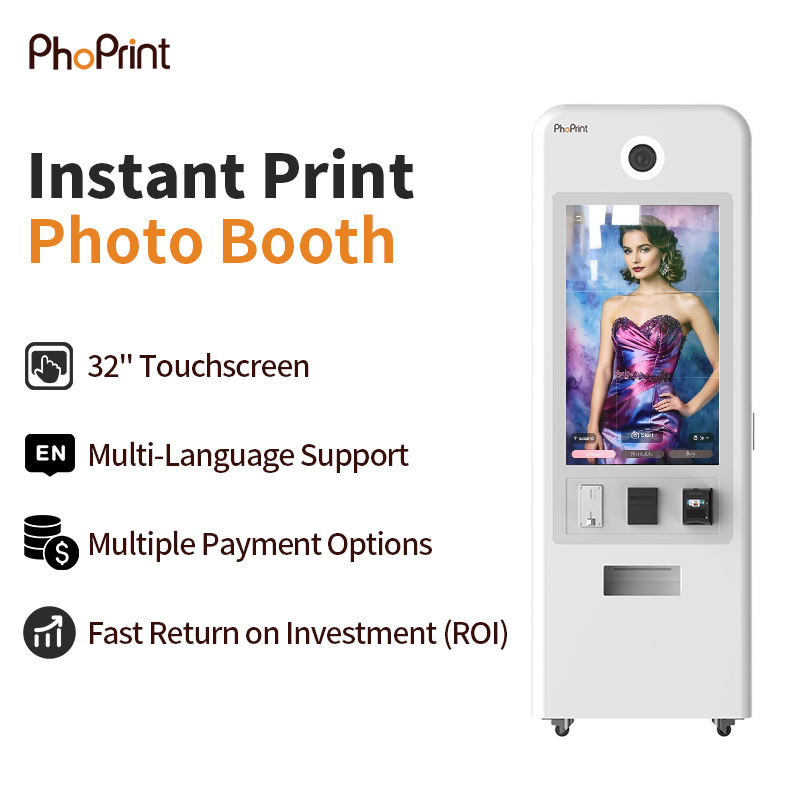 PhoPrint instant print photo booth with 32-inch touchscreen, multi-language support, multiple payments, and fast ROI