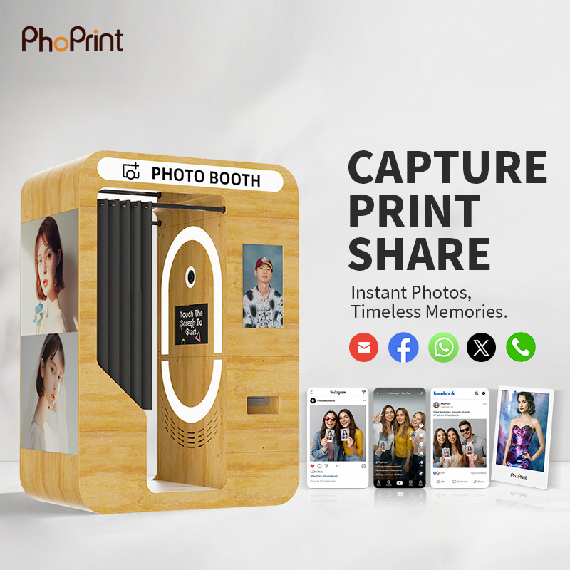PhoPrint photo booth screen showing capture, print, share options and Facebook sharing for timeless memories