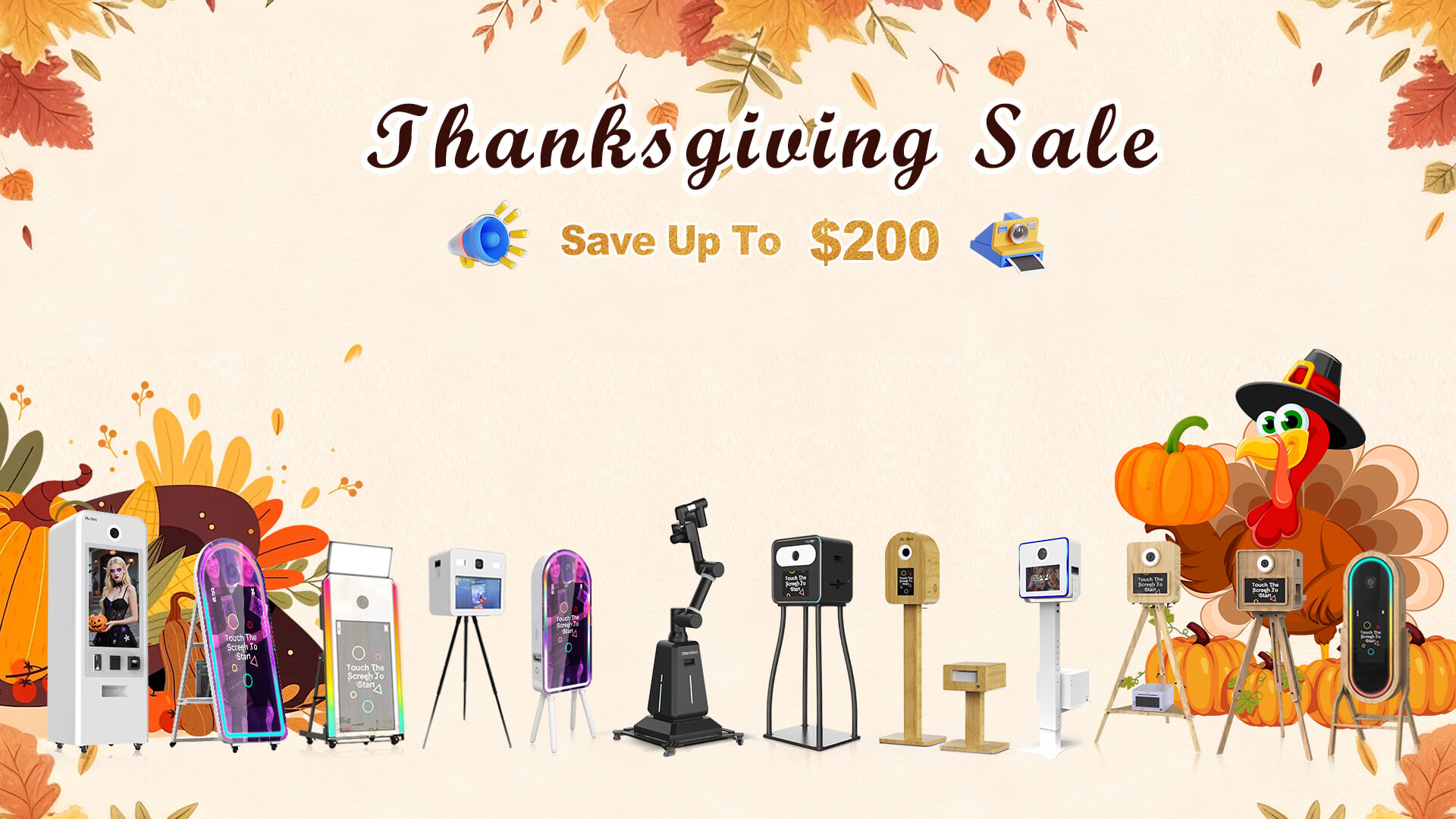 Thanksgiving Special: $200 OFF Photo Booths Professional photo booth with Thanksgiving props and $200 discount badge