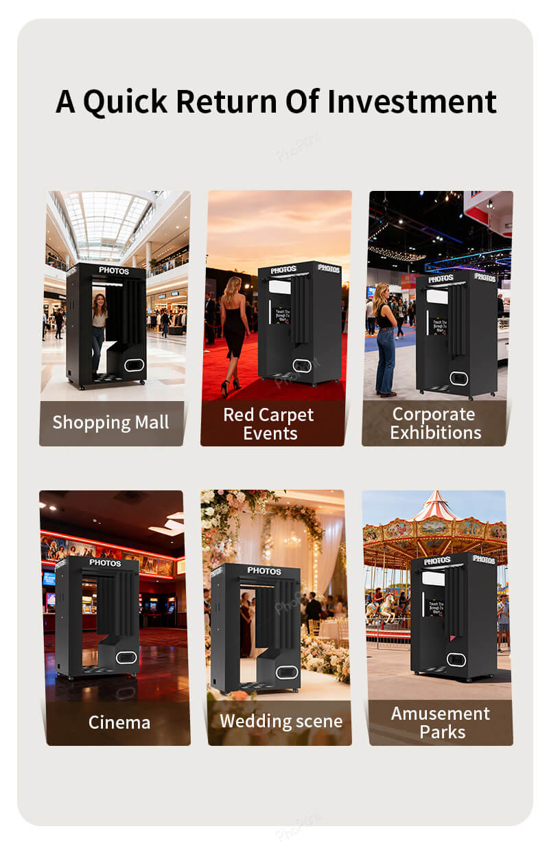 Teenagers taking selfies in a mall photo kiosk