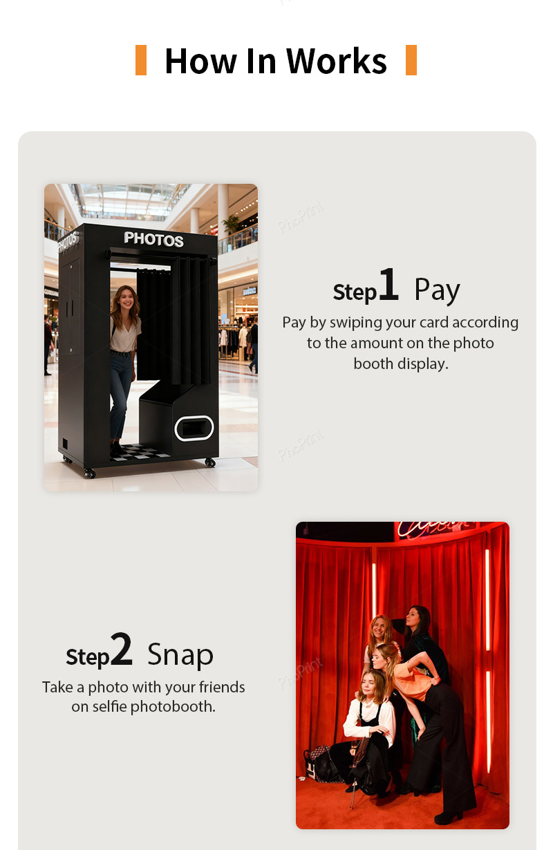 A person curious about a compact, sleek photo kiosk