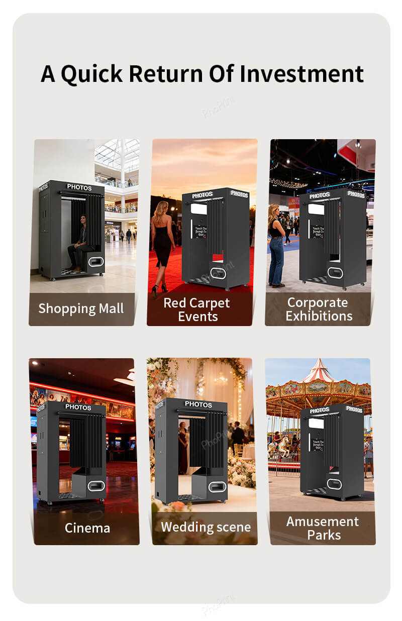 Teenagers taking selfies in a mall photo kiosk