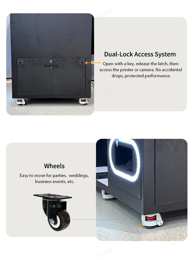 Two friends posing in a minimalist photo booth in a cafe