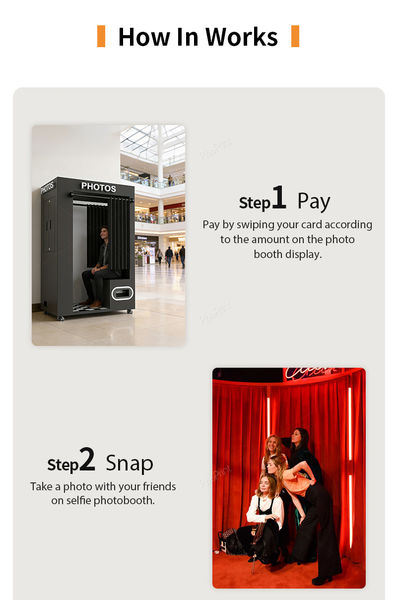 A person curious about a compact, sleek photo kiosk
