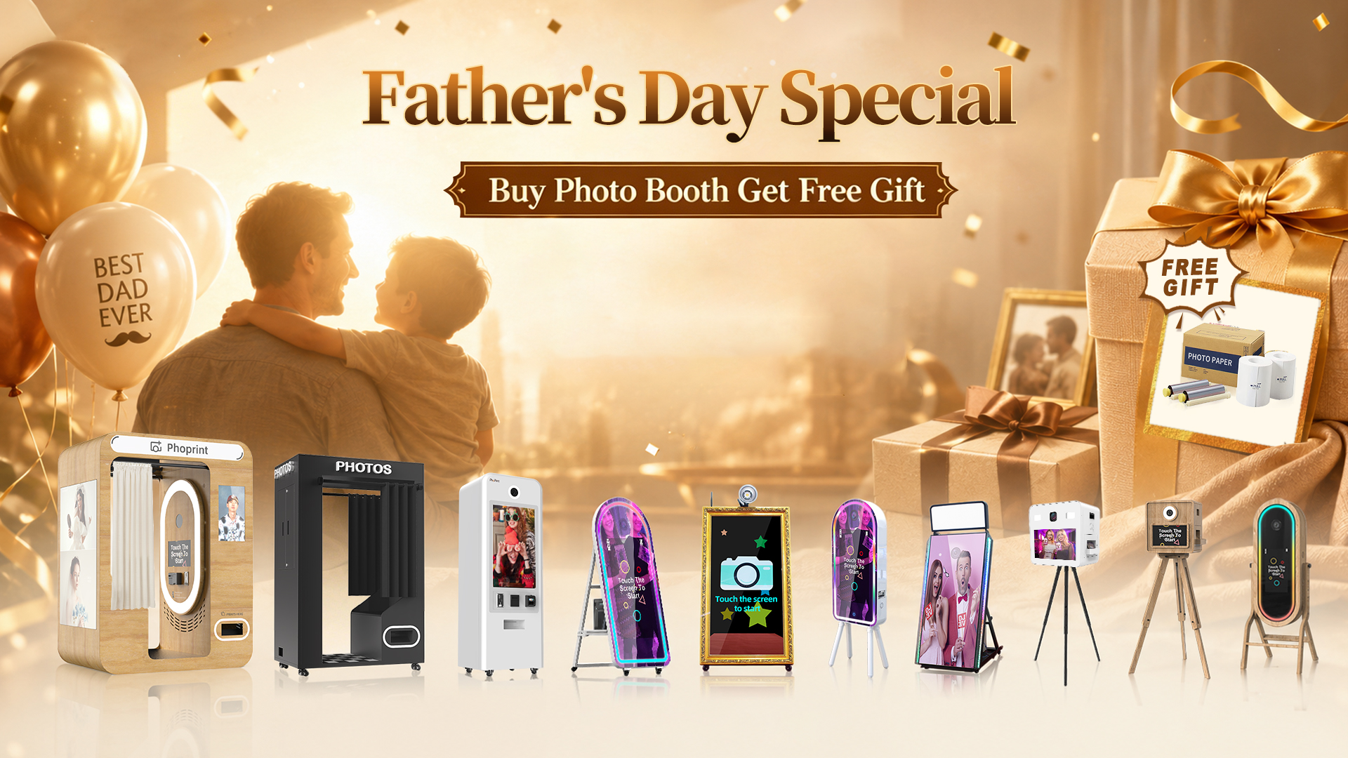 Phoprint DSLR photobooths on factory line &ndash; B2B Father&rsquo;s Day discount banner
